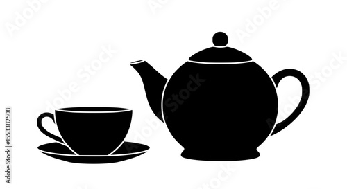 A Simple Silhouette of a Teapot and a Teacup on a Saucer Presented Against a White Background Conveying a Sense of Elegance and Tradition for Tea Time Enjoyment
