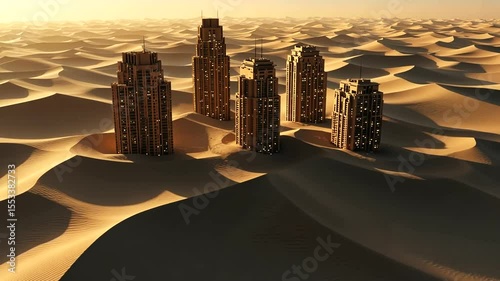 Aerial view of futuristic skyscrapers emerging from golden sand dunes at sunset