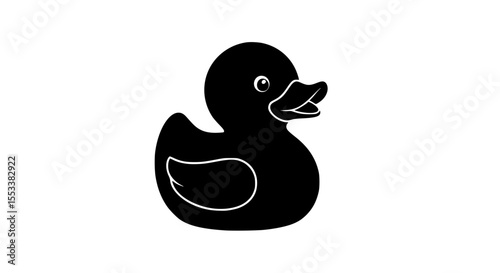 A Simple Black Silhouette of a Rubber Duck Facing Forward with Its Mouth Open and Eyes Wide Open on a White Background