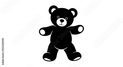A simple black silhouette of a teddy bear standing with its arms outstretched and legs apart on a white background