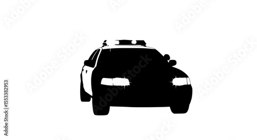 Silhouette of a Police Car with Flashing Lights and Headlights On Depicted in Black and White Showcasing Emergency Vehicle Design and Public Safety Presence in Urban Environments