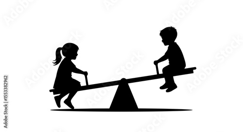 Two Children Silhouetted on a Seesaw on a Playground Enjoying a Sunny Day Together in a Moment of Childhood Joy and Friendship