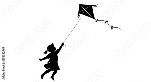 A young girl flying a diamond shaped kite on a windy day with a long tail attached to the kite creating a beautiful scene of childhood joy and outdoor recreation