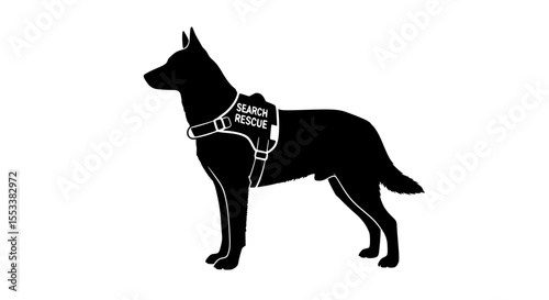 Silhouette of a German Shepherd type dog wearing a search and rescue vest for professional assistance operations