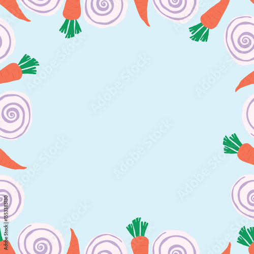 carrots and onion placed on blue background card template illustration. onion and carrots placed on sides paper, card, poster, template.
