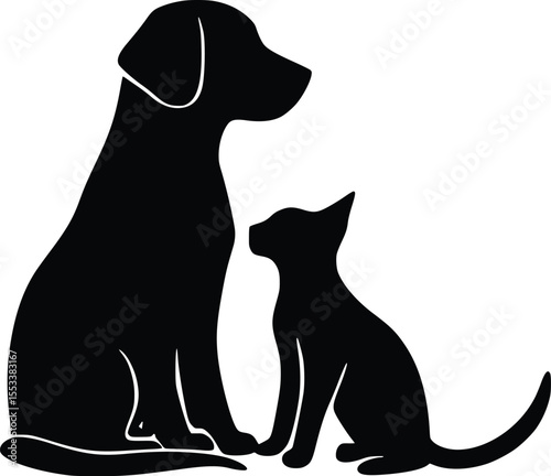 Elegant black silhouettes: loyal dog, curious cat, serene pose.
