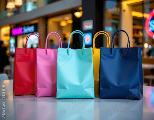 the image showcases five shopping bags arranged in a row, resting on a smooth surface, the bags, all the same size and shape, feature a similar geometric pattern