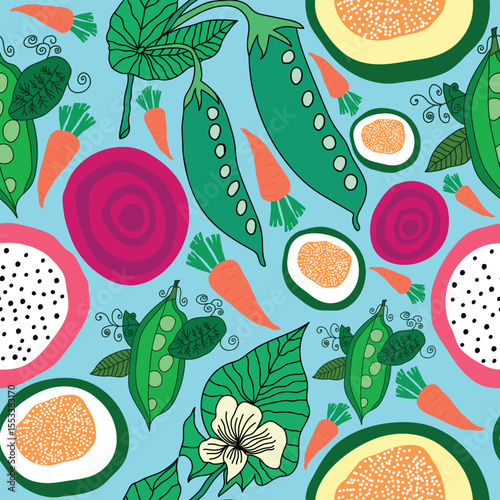 carrots, peas, beetroot, pitaya, flowers, papaya seamless pattern. Carrots, papaya, peas pods, leaves, vegetable garden theme seamless pattern