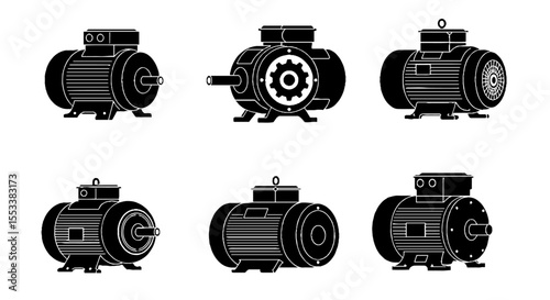 Collection of Industrial Electric Motor Icons. This versatile collection is ideal for designs related to manufacturing, engineering, industrial automation, power generation, and mechanical systems