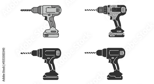 Collection of Cordless Power Drill Icons in Outline and Solid Styles. This collection is versatile for depicting DIY, construction, home improvement, tools, and professional trades.