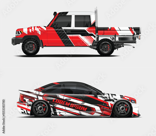 Automotive Wrap Designs Red White and Black Graphics on Truck and Car