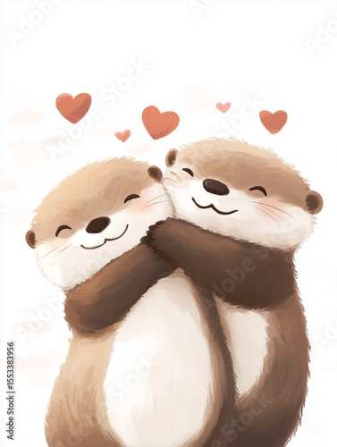 Two otters in embrace with heart, drawing showing love and affection