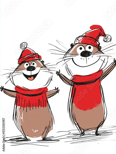 Two cheerful cartoon otters in festive red hats and scarves, smiling and welcoming