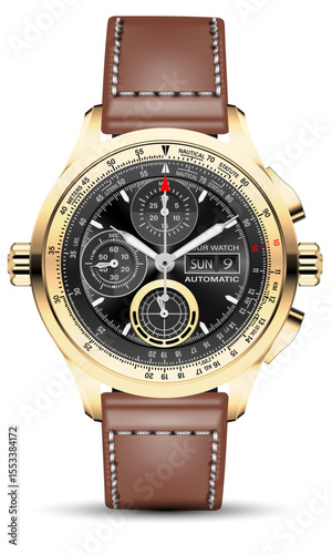 Realistic clock watch sport chronograph black gold steel brown leather for men luxury on white background object vector