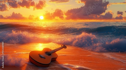 Golden sunset, acoustic guitar on beach