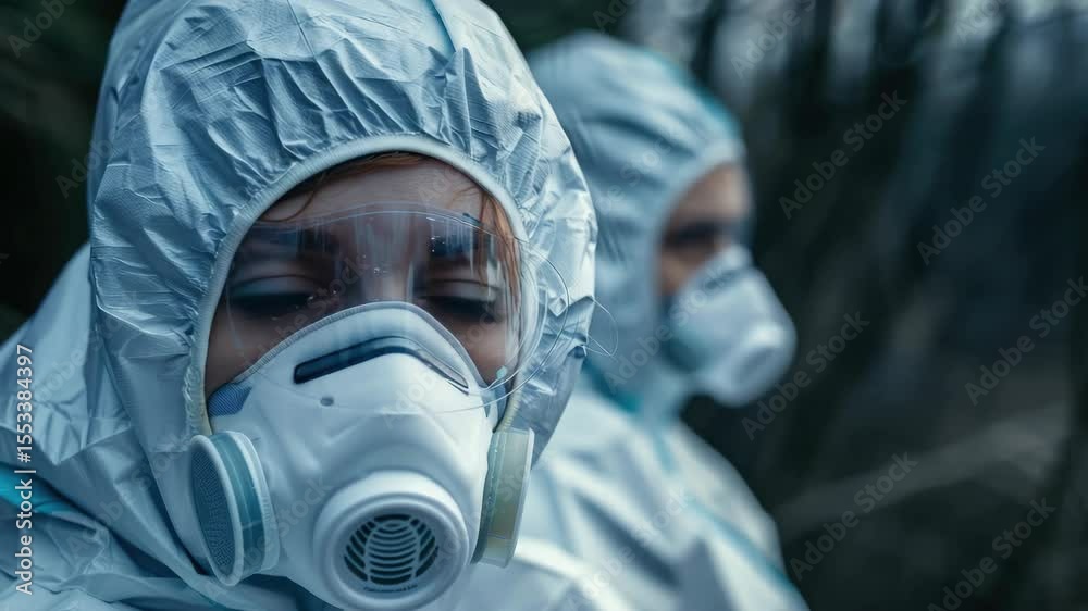 Emergency responders in protective suits and masks handling a hazardous material incident.