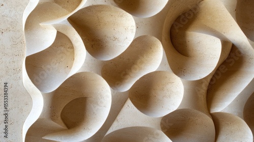 Abstract, light beige stone carving with flowing, organic shapes