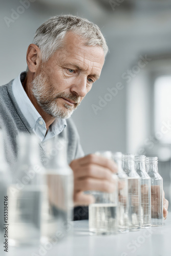 focused chemistanalyst in laboratory positioned on left side of frame