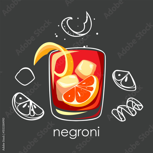 Negroni cocktail. Classic alcoholic drink with orange and ice in a glass on a dark background. Vector illustration.