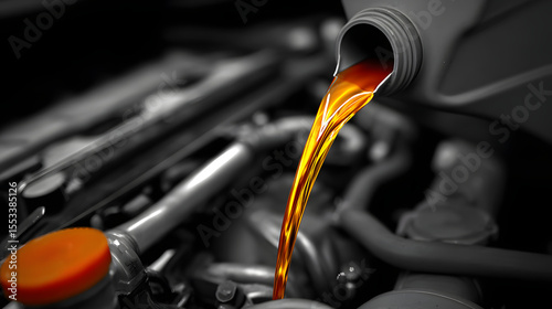 Pouring Golden Car Engine Oil into Vehicle, Maintenance and Service Close-up, Automotive Fluid Change, Black and White with Color Accent