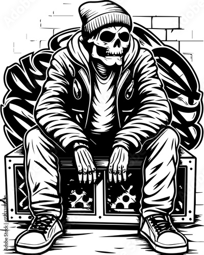 SVG of a skull with an urban gangster vibe skeleton graphic. Urban Skeleton Gangster Sitting on a Speaker with Graffiti Background