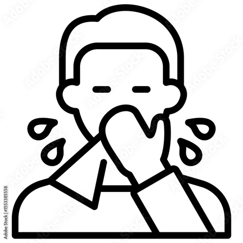Sneezing - Outline Style Icon - Person sneezing with droplets, indicating a cold or allergic reaction