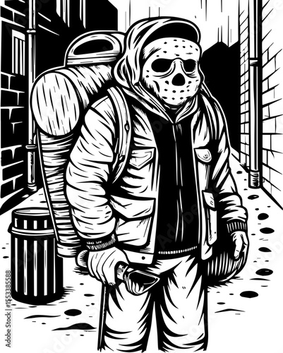 SVG of a skull with an urban gangster vibe skeleton graphic. Mysterious Skeleton Figure in Urban Alley with Backpack and Mask