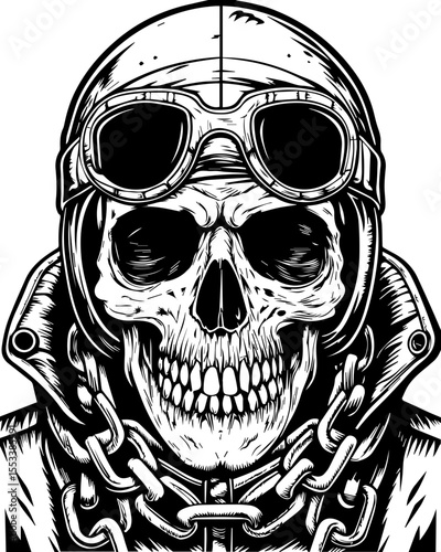 SVG of a skull with an urban gangster vibe skeleton graphic. Skeleton in Aviator Helmet with Goggles and Chain Necklace
