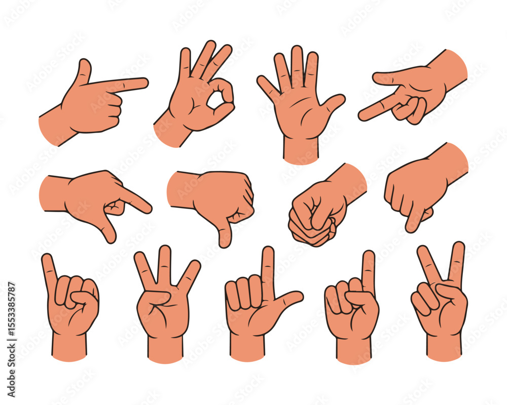 Fototapeta premium Collection of Cartoon Hand Gestures Illustrating Various Signals and Hand Signs on White