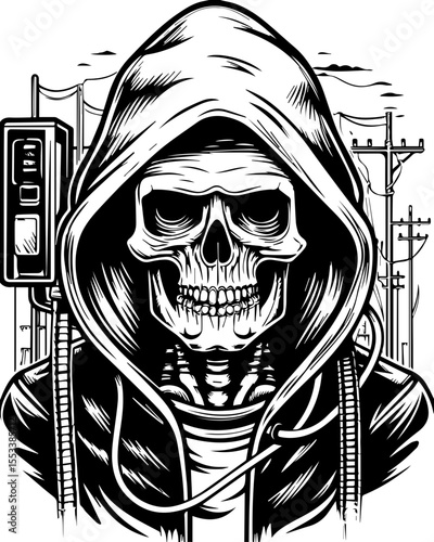 SVG of a skull with an urban gangster vibe skeleton graphic. Mysterious Skeleton Gangster in a Hoodie with Urban Background