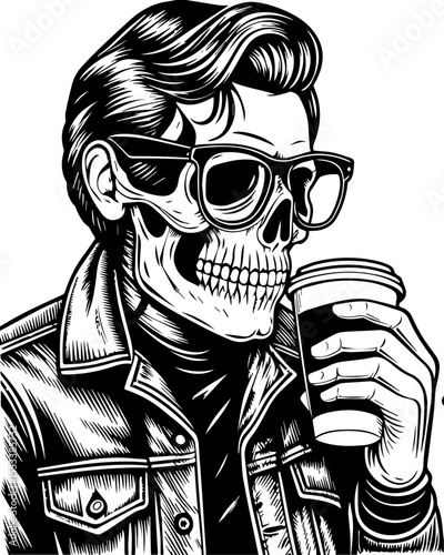 SVG of a skull with an urban gangster vibe skeleton graphic. Stylish Skeleton Holding Coffee Cup in Retro Gangster Attire