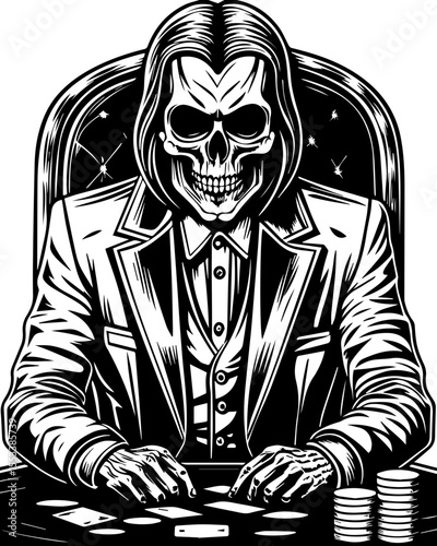 SVG of a skull with an urban gangster vibe skeleton graphic. Dark Skeleton Gangster Playing Cards at a Casino Table