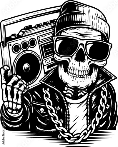 SVG of a skull with an urban gangster vibe skeleton graphic. Cool Skeleton Gangster with Boombox and Stylish Sunglasses