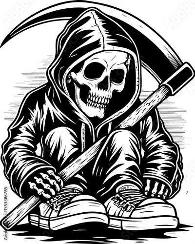 SVG of a skull with an urban gangster vibe skeleton graphic. Grim Skeleton Gangster with Scythe and Urban Apparel in Black and White