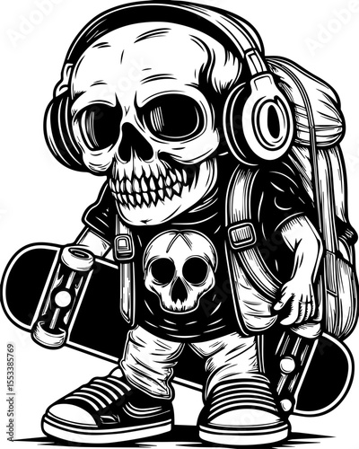 SVG of a skull with an urban gangster vibe skeleton graphic. Cool Skeleton Character with Skateboard and Headphones in Urban Style