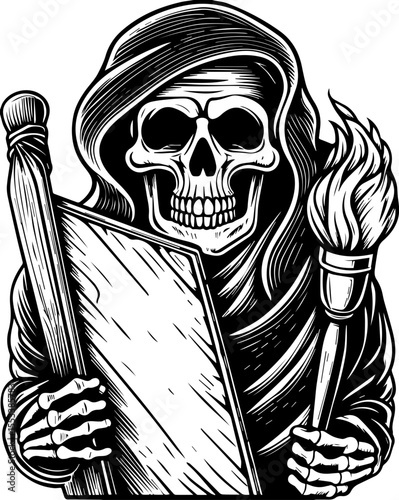 SVG of a skull with an urban gangster vibe skeleton graphic. Skeleton Gangster Holding a Bat and Torch in a Dark Hooded Cloak