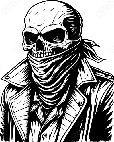 SVG of a skull with an urban gangster vibe skeleton graphic. Mysterious Skeleton Gangster in Dark Attire with Scarf