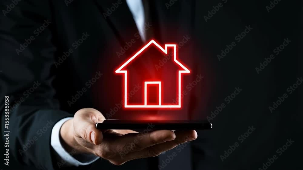 Professional displays a glowing house icon on smartphone in palm against a dark background, real estate or mortgage application Professional displays a glowing house icon on smartphone in palm against a dark background, real estate or mortgage application