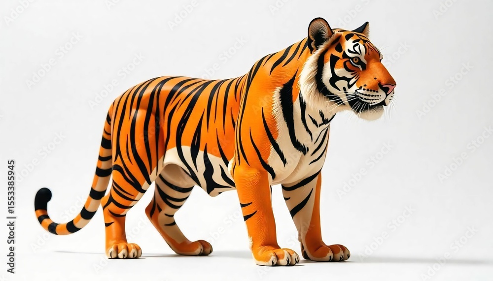 Obraz premium A majestic Royal Bengal tiger, its vibrant orange and black stripes glistening in the light, standing regally against a pure white background, crafted from intricately arranged real sticks, with the w