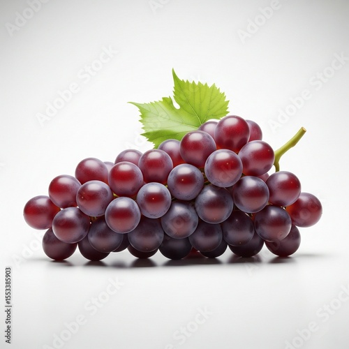 Ripe Purple Grape Cluster on White Background. Purple grape cluster with a few green leaves attached, placed on a plain white background with soft, diffused lighting. 
