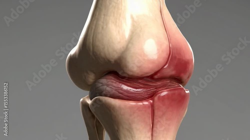 3D medical illustration of a human knee joint with a highlighted red area, indicating severe pain, inflammation, or injury in the cartilage and bones.

