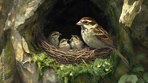 Birds in a tree hollow nest