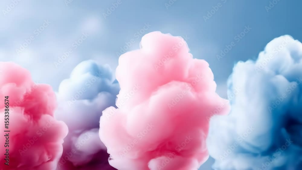 Dreamy Pastel Cloudscape - Abstract video of vibrant pink and blue clouds swirling together against a soft, light blue background. The colors and textures evoke a feeling of lightness and sweetness.