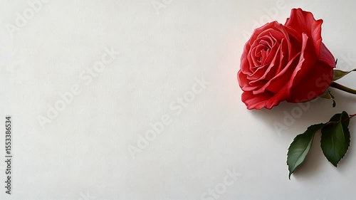 Vibrant red rose blossom with green leaves on clean white background flat lay copy space