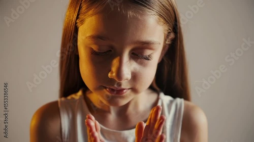 Close-up of a young girl with her eyes closed and hands gently clasped, bathed in warm golden light, conveying a sense of peace, innocence, and tender emotion