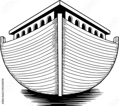 Noah's Ark Coloring Page Vector – Black and White Outline Illustration – Simple Biblical Ship Drawing for Kids – Religious Animal Pair Concept – Minimalist Line Art for Coloring