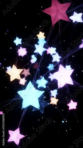 Dreamy Vertical Video: Colorful Star Lanterns Floating in Night Sky