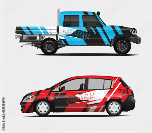 Vehicle Wrap Mockups Pickup Truck and Hatchback with Bold Graphic Designs