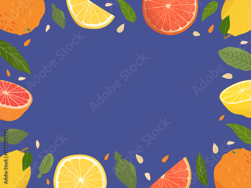 Citrus frame. Vector illustration with lemon. grapefruits and leaves, seeds. Isolated on blue background. Colourful citrus collection. summer fruits.