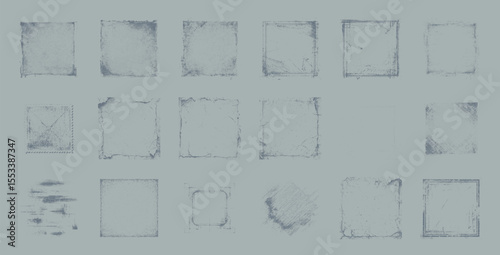 Grunge frame texture overlays set for photo editing and graphic design. Vintage square borders with distressed rough edge style. High resolution detail.